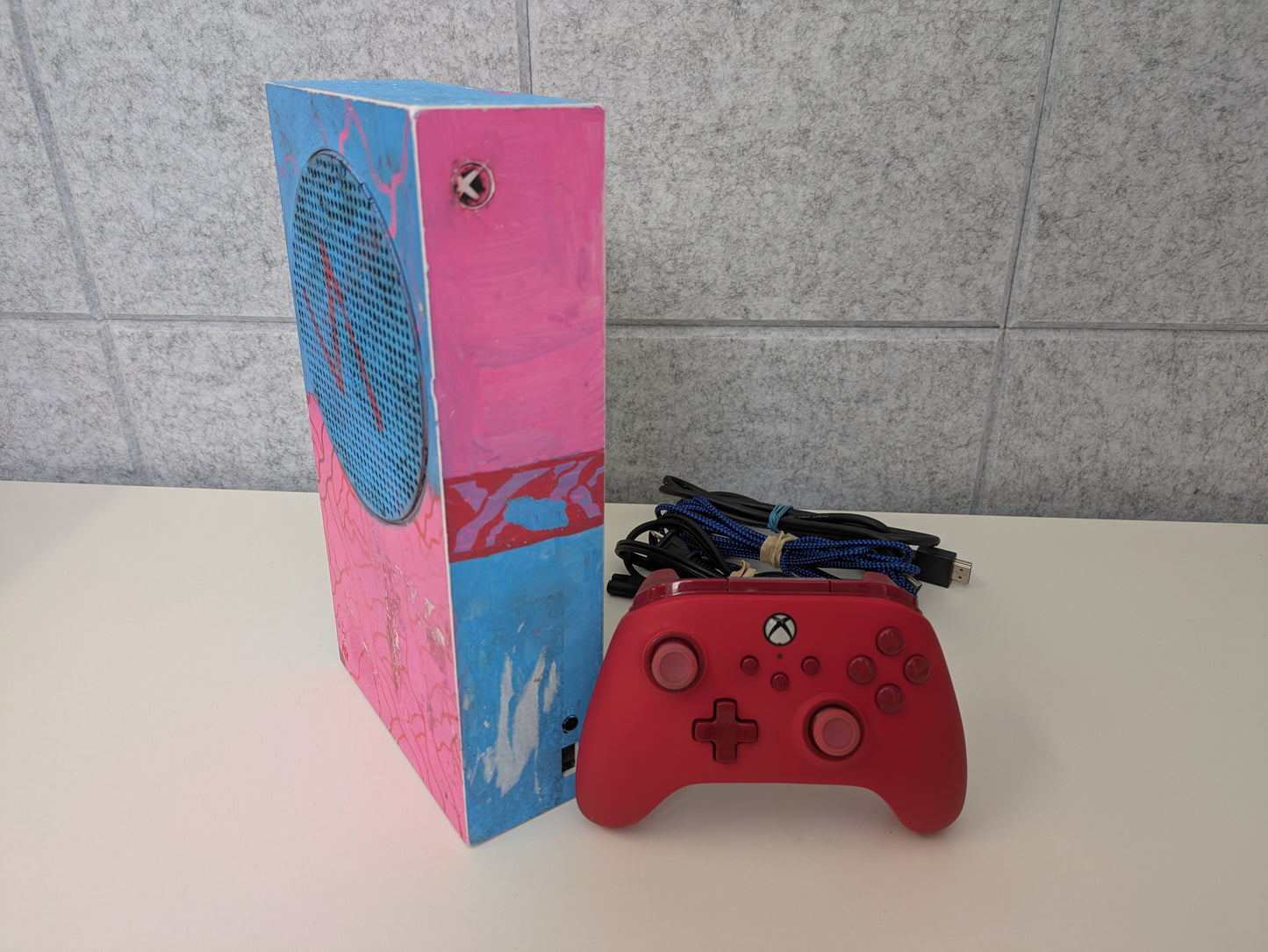 Microsoft Xbox Series S 512GB Console w/ accessories - Custom Pink/Blue Paint Job - MISSING FRONT USB PORT - Used