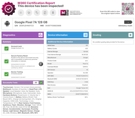 Google Pixel 7a GWKK3 (Network Unlocked) - 128GB - Charcoal - USED