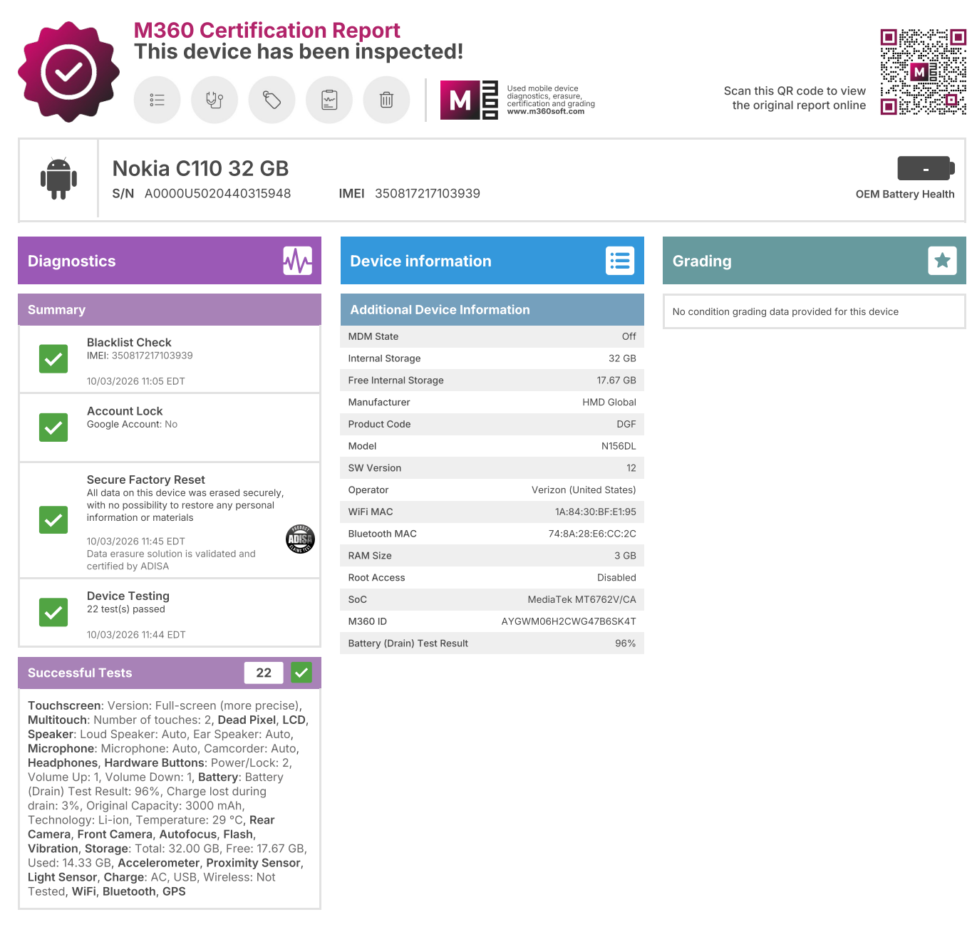 Nokia C110 N156DL (Network Locked to TracFone) - 32GB - Gray - USED