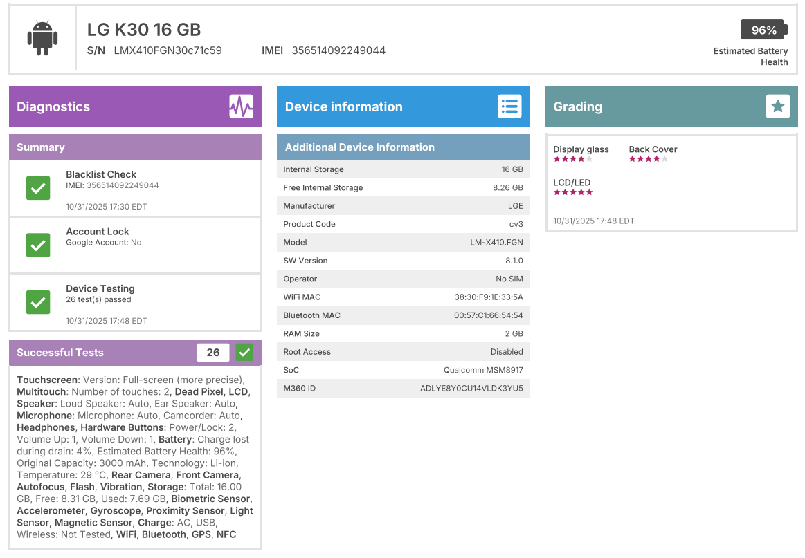LG K30 - 16GB - Gray - Unlocked - USED