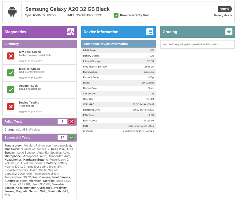 Samsung Galaxy A20 - 32GB - Black - Verizon - USED