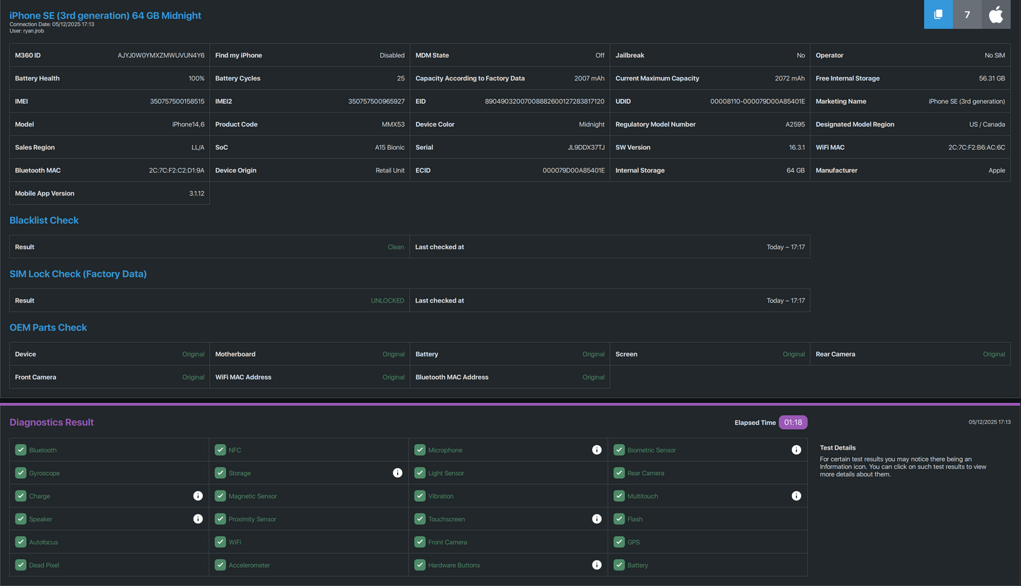 Apple iPhone SE (3rd gen.) - 64GB - Midnight - Unlocked - USED