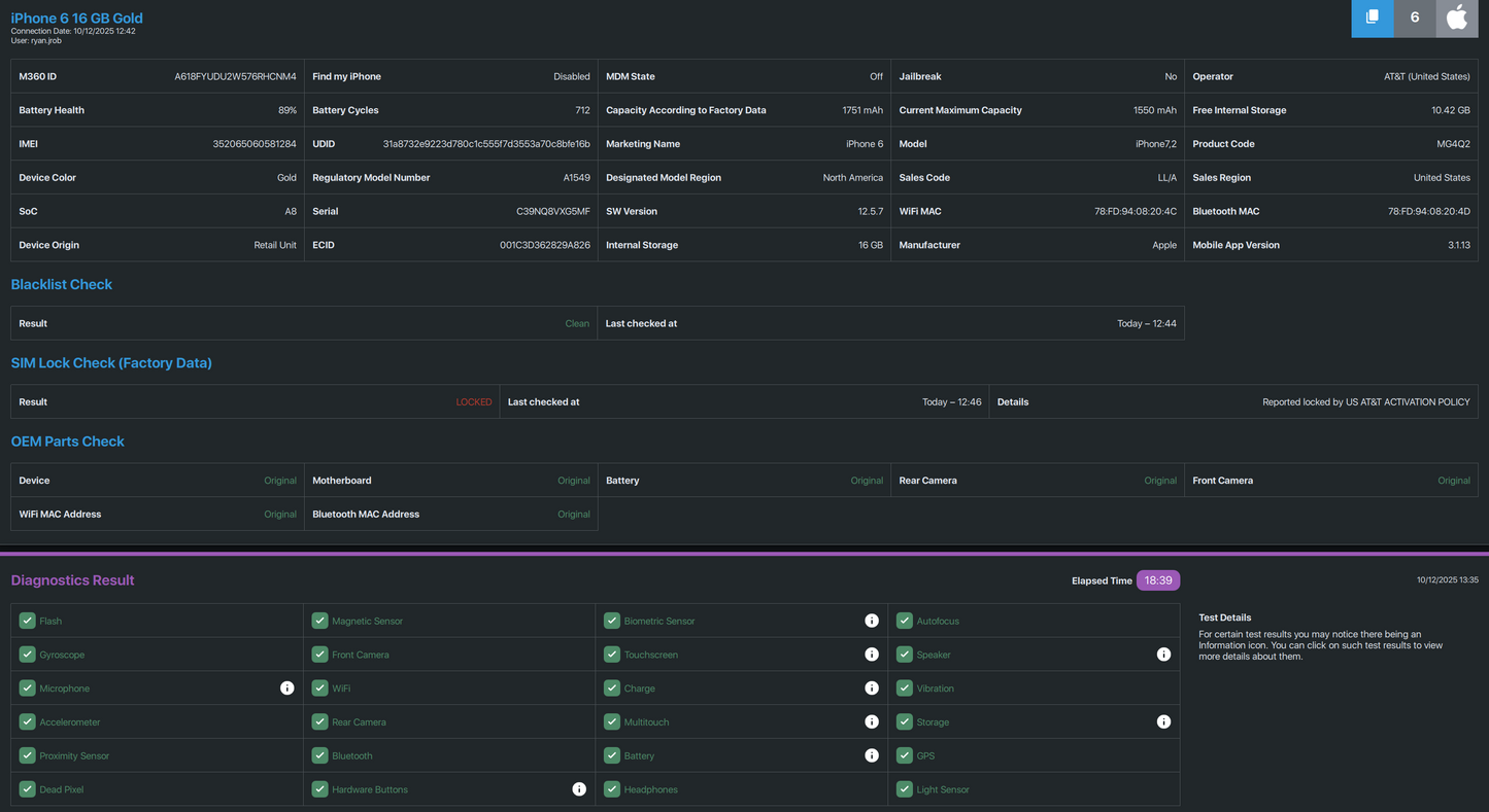 Apple iPhone 6 - 16GB - Gold - AT&T - USED