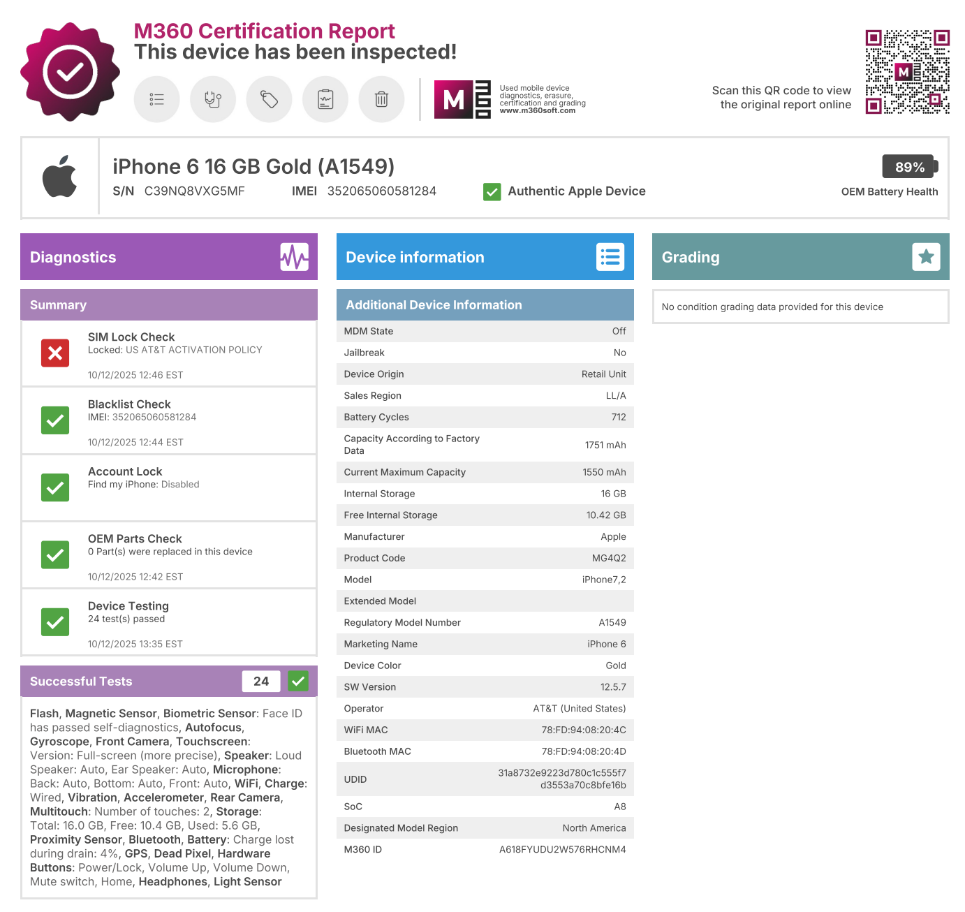 Apple iPhone 6 A1549 (Network Locked to AT&T) - 16GB - Gold - USED