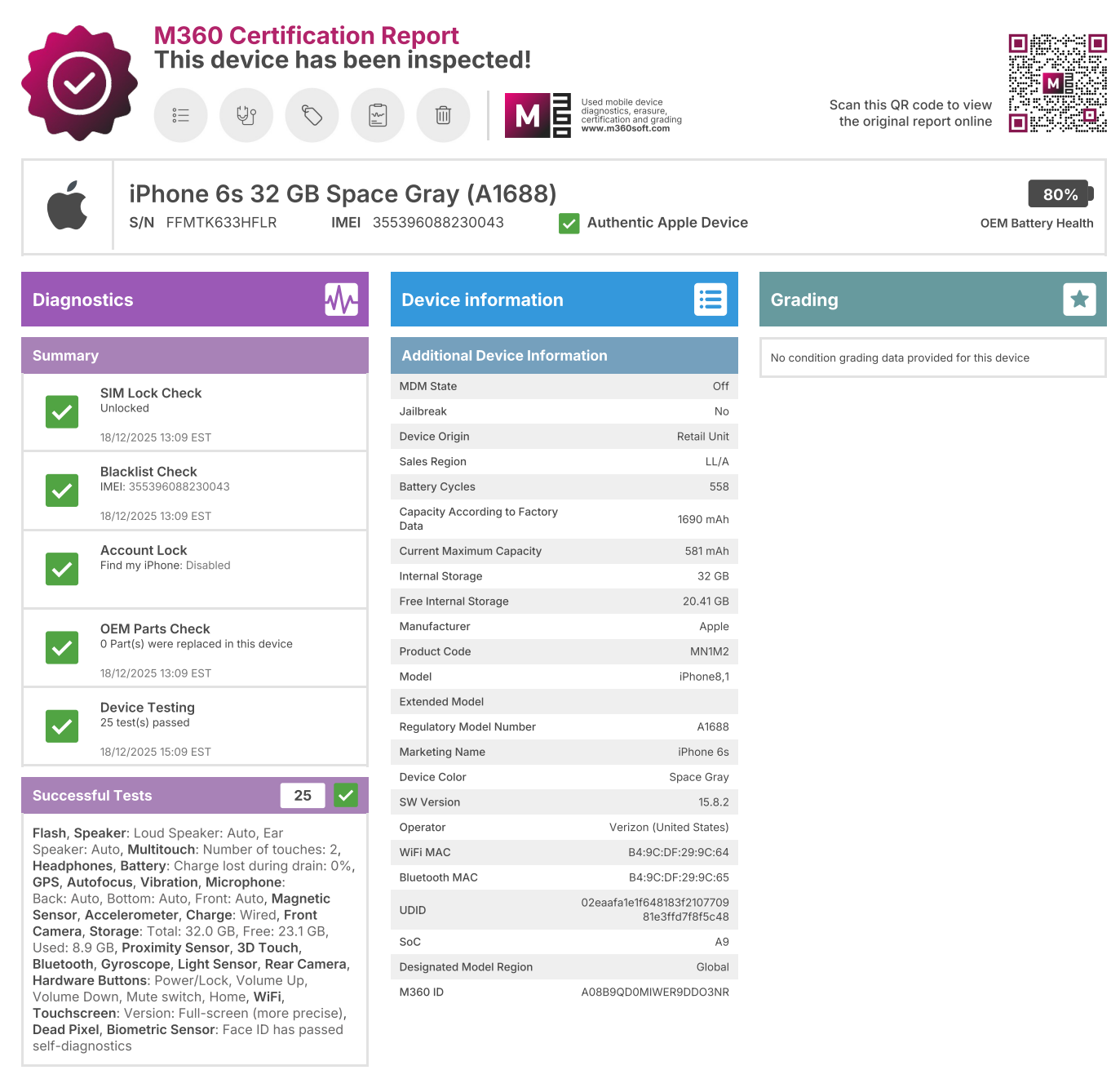 Apple iPhone 6S - 32GB - Space Gray - UNLOCKED - USED