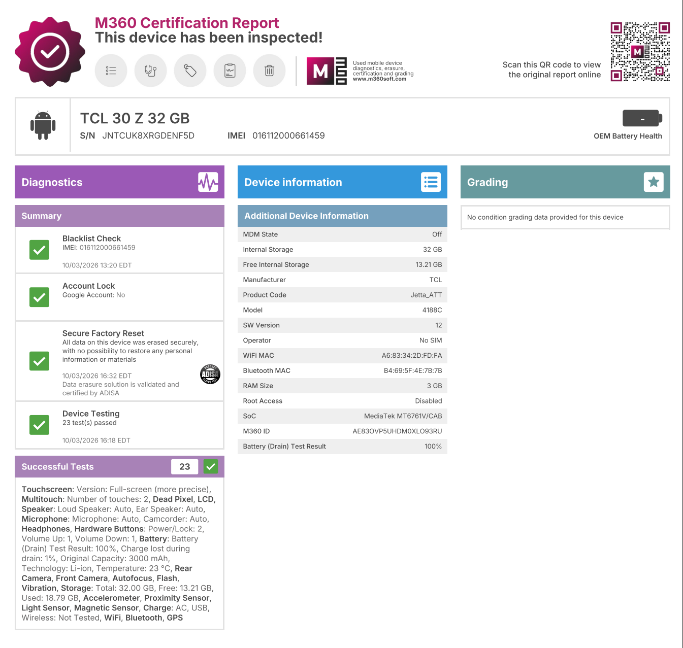 TCL 30Z 4188C (Network Unlocked) - 32GB - Gray - USED