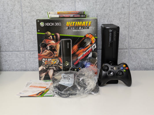Microsoft Xbox 360 S (Hong Kong) - Ultimate Action Pack - 250GB - Black - COMPLETE IN BOX - Used